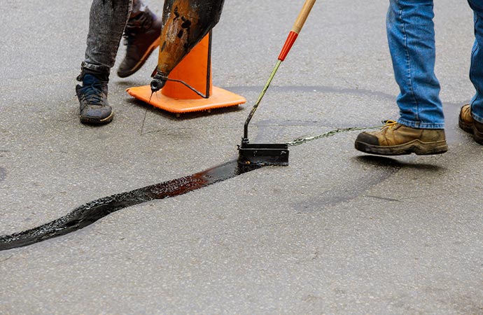 worker is repairing asphalt crack