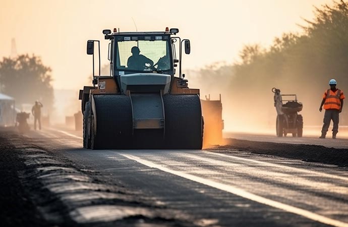 Worker paving asphalt road