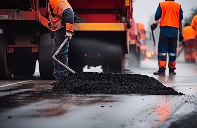 Worker resurfacing asphalt for better roads.