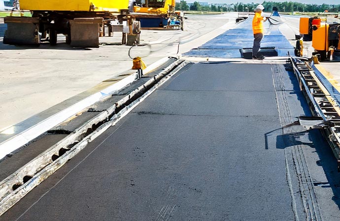 A worker is fixing the airport's asphalt paving for better quality and safety.